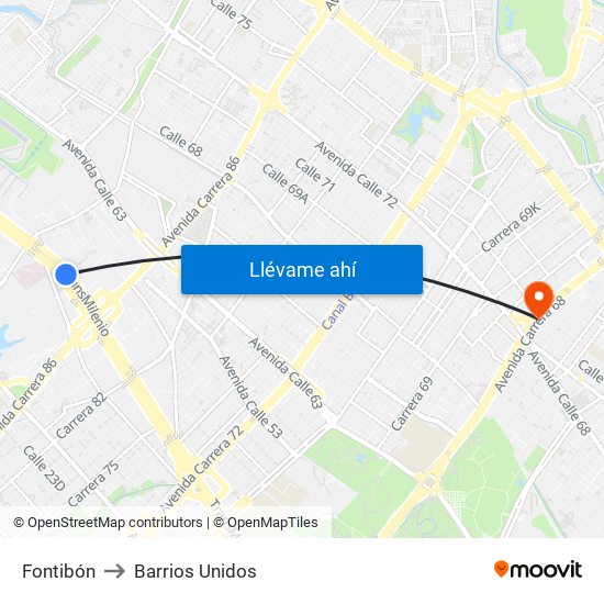 Fontibón to Barrios Unidos map