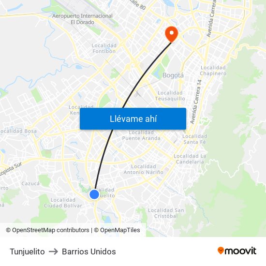Tunjuelito to Barrios Unidos map