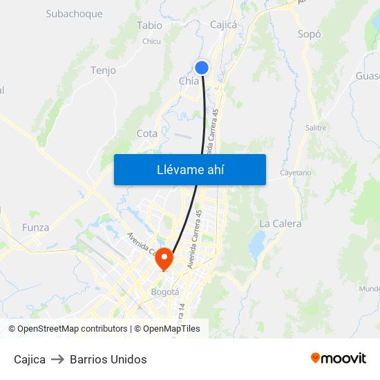 Cajica to Barrios Unidos map