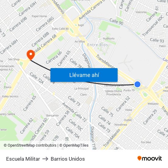 Escuela Militar to Barrios Unidos map