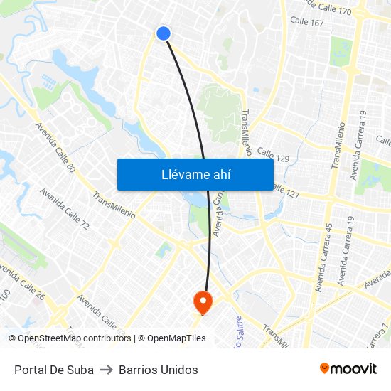 Portal De Suba to Barrios Unidos map