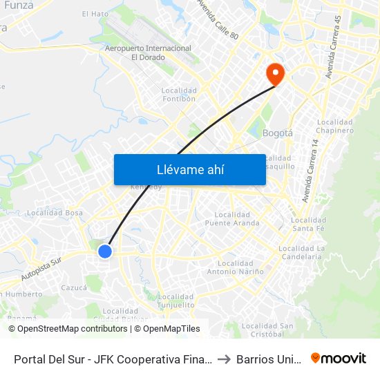 Portal Del Sur - JFK Cooperativa Financiera to Barrios Unidos map