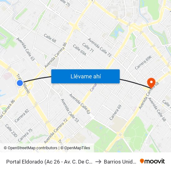 Portal Eldorado (Ac 26 - Av. C. De Cali) to Barrios Unidos map
