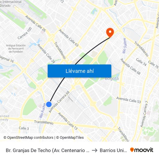 Br. Granjas De Techo (Av. Centenario - Kr 65) to Barrios Unidos map