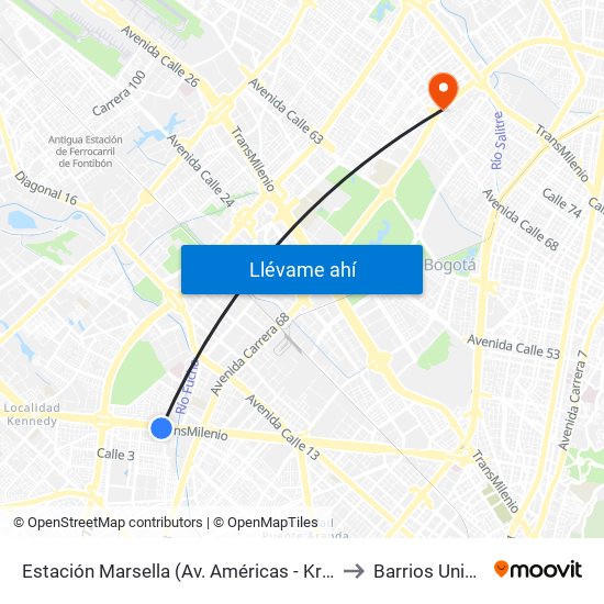 Estación Marsella (Av. Américas - Kr 69b) to Barrios Unidos map