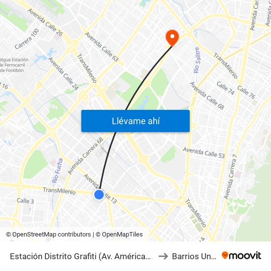 Estación Distrito Grafiti (Av. Américas - Kr 53a) to Barrios Unidos map