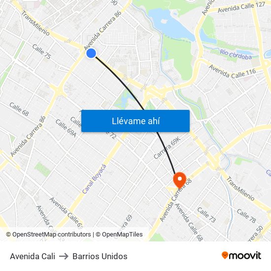 Avenida Cali to Barrios Unidos map