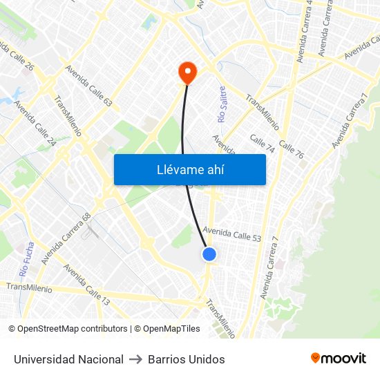 Universidad Nacional to Barrios Unidos map