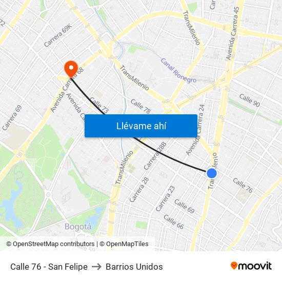 Calle 76 - San Felipe to Barrios Unidos map