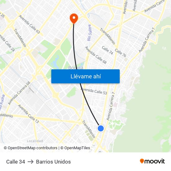 Calle 34 to Barrios Unidos map