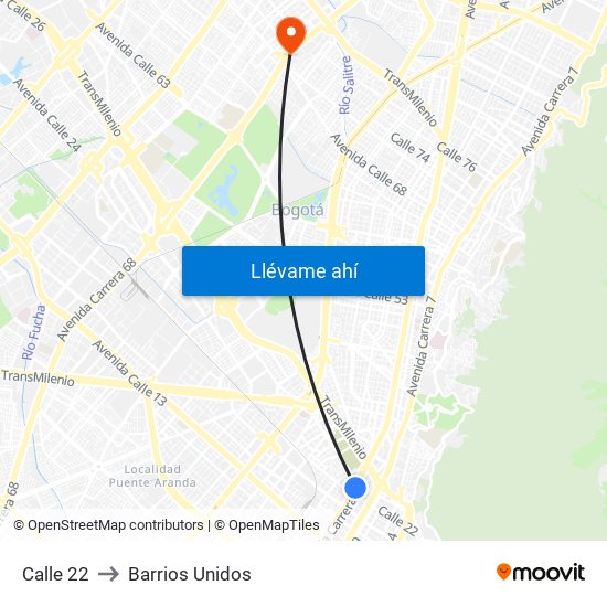 Calle 22 to Barrios Unidos map