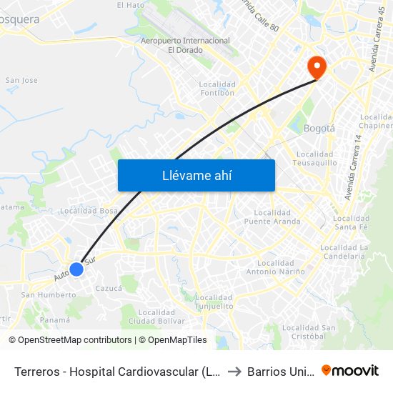 Terreros - Hospital Cardiovascular (Lado Sur) to Barrios Unidos map