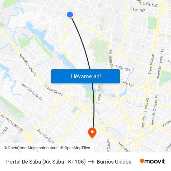 Portal De Suba (Av. Suba - Kr 106) to Barrios Unidos map