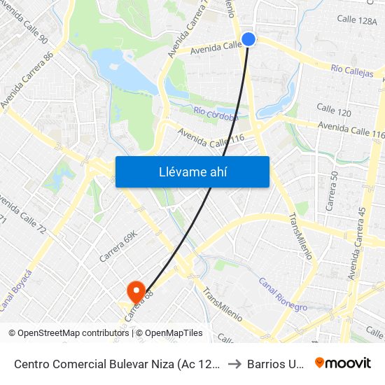 Centro Comercial Bulevar Niza (Ac 127 - Av. Suba) to Barrios Unidos map