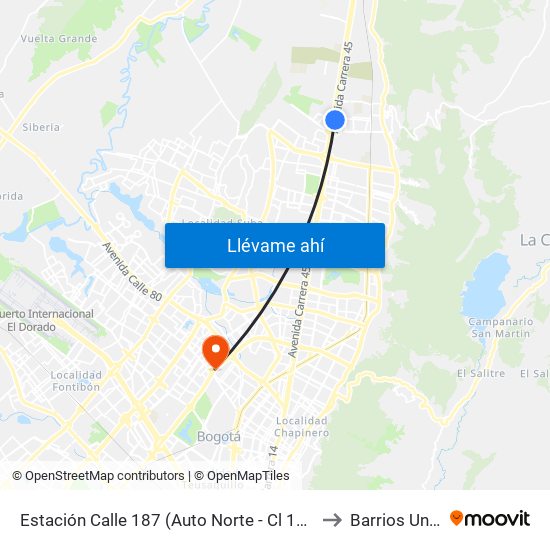 Estación Calle 187 (Auto Norte - Cl 187 Bis) (A) to Barrios Unidos map
