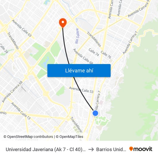 Universidad Javeriana (Ak 7 - Cl 40) (B) to Barrios Unidos map