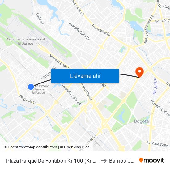 Plaza Parque De Fontibón Kr 100 (Kr 100 - Cl 17a) to Barrios Unidos map