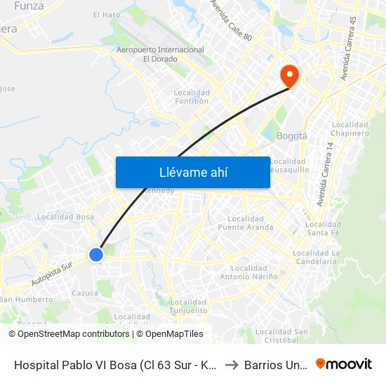 Hospital Pablo VI Bosa (Cl 63 Sur - Kr 77g) (A) to Barrios Unidos map