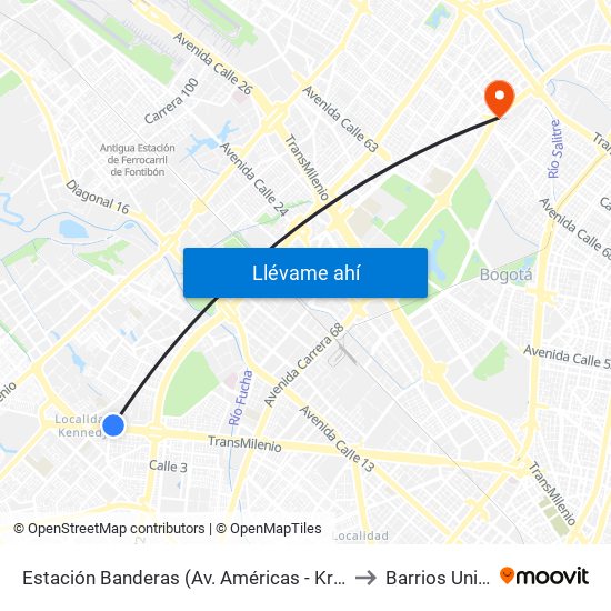 Estación Banderas (Av. Américas - Kr 78a) (A) to Barrios Unidos map