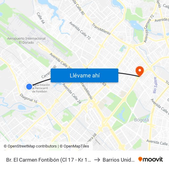 Br. El Carmen Fontibón (Cl 17 - Kr 100) to Barrios Unidos map