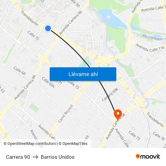 Carrera 90 to Barrios Unidos map