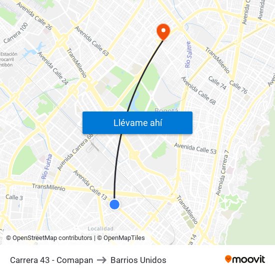 Carrera 43 - Comapan to Barrios Unidos map