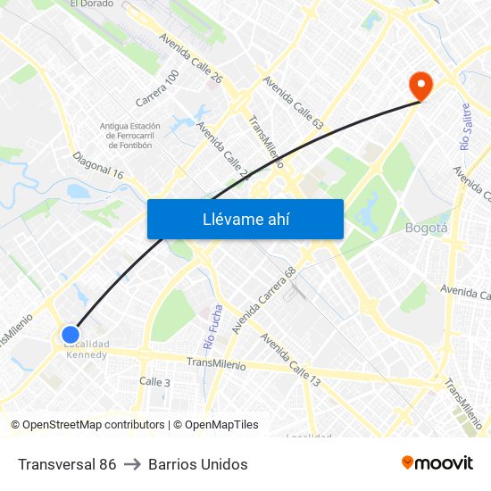 Transversal 86 to Barrios Unidos map