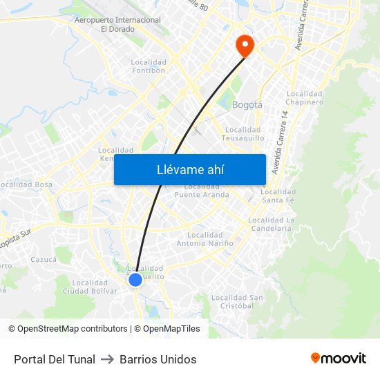 Portal Del Tunal to Barrios Unidos map