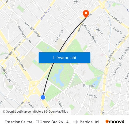 Estación Salitre - El Greco (Ac 26 - Ak 68) to Barrios Unidos map