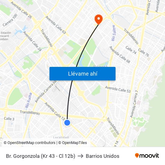 Br. Gorgonzola (Kr 43 - Cl 12b) to Barrios Unidos map