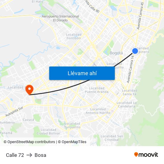 Calle 72 to Bosa map