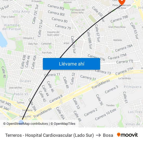 Terreros - Hospital Cardiovascular (Lado Sur) to Bosa map