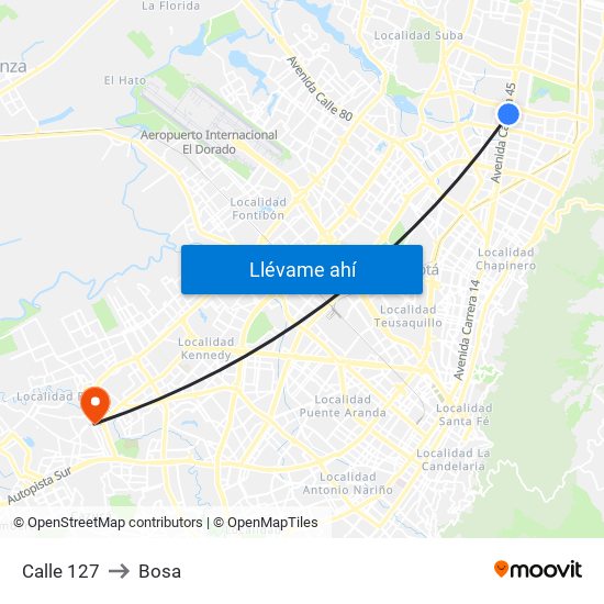 Calle 127 to Bosa map