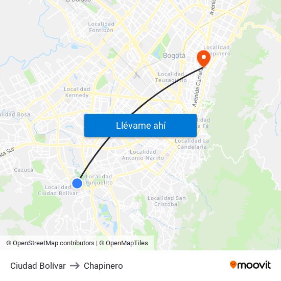 Ciudad Bolívar to Chapinero map