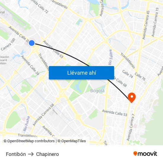 Fontibón to Chapinero map