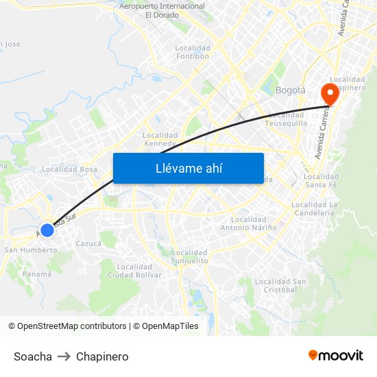 Soacha to Chapinero map