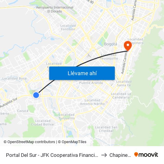 Portal Del Sur - JFK Cooperativa Financiera to Chapinero map