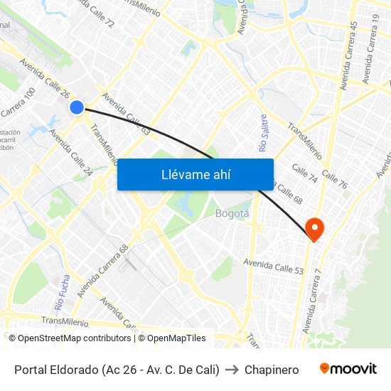 Portal Eldorado (Ac 26 - Av. C. De Cali) to Chapinero map