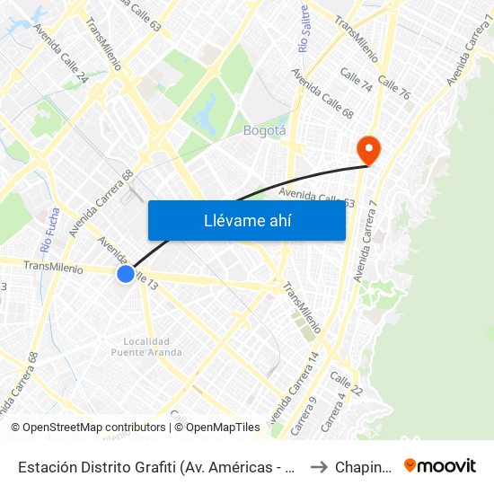 Estación Distrito Grafiti (Av. Américas - Kr 53a) to Chapinero map