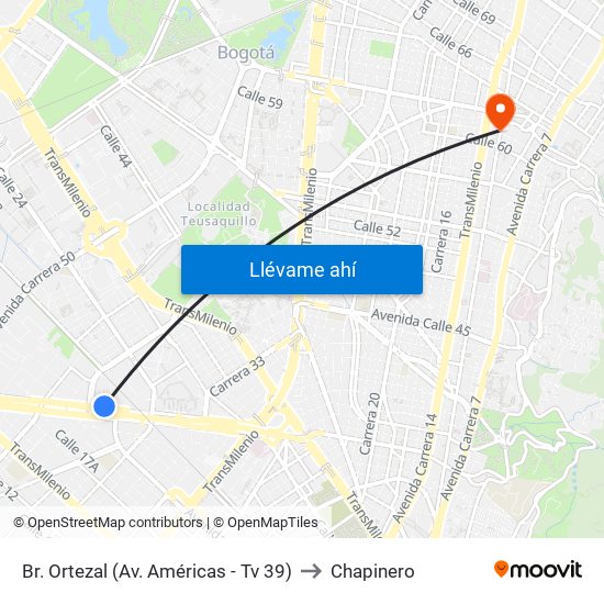 Br. Ortezal (Av. Américas - Tv 39) to Chapinero map