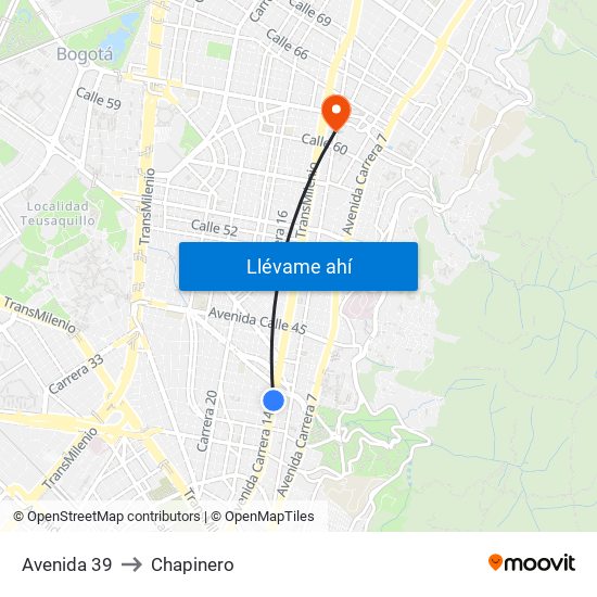 Avenida 39 to Chapinero map