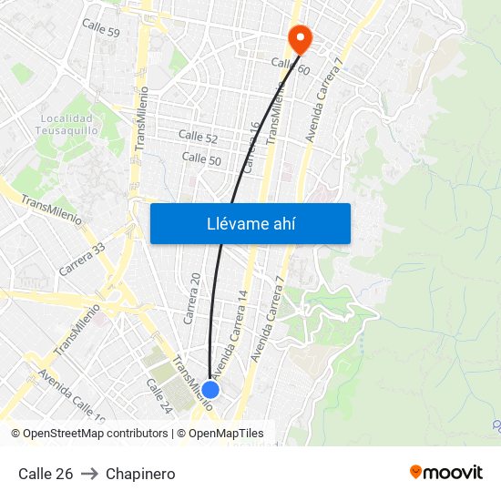 Calle 26 to Chapinero map