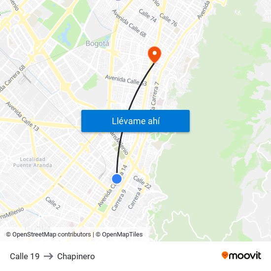 Calle 19 to Chapinero map