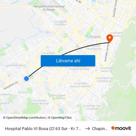 Hospital Pablo VI Bosa (Cl 63 Sur - Kr 77g) (A) to Chapinero map