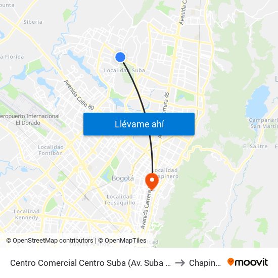 Centro Comercial Centro Suba (Av. Suba - Kr 91) to Chapinero map