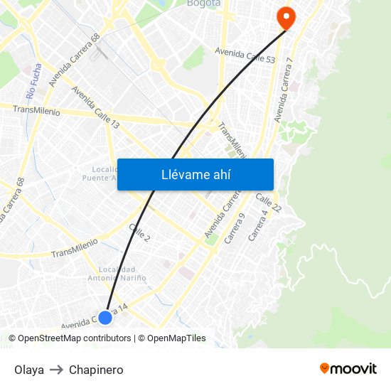 Olaya to Chapinero map