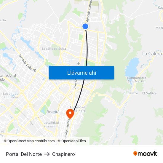 Portal Del Norte to Chapinero map