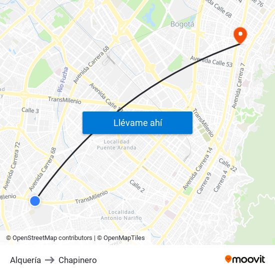 Alquería to Chapinero map
