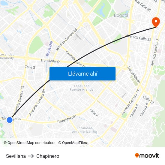 Sevillana to Chapinero map