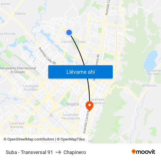Suba - Transversal 91 to Chapinero map